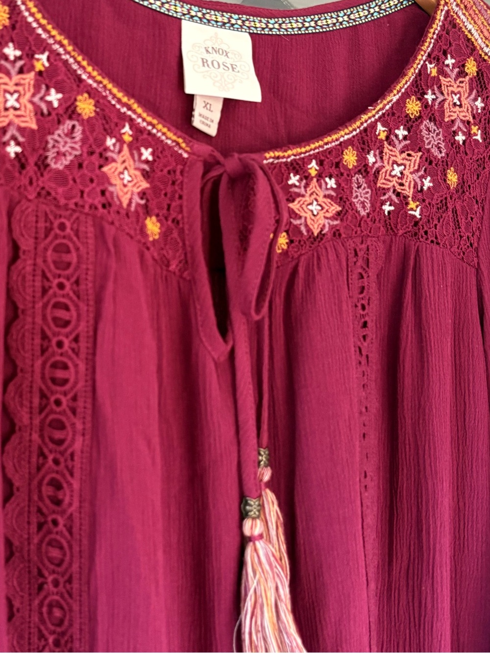 Knox Rose Burgundy Embroidered Peasant Dress XL boho festival comfortable - Picture 6 of 6